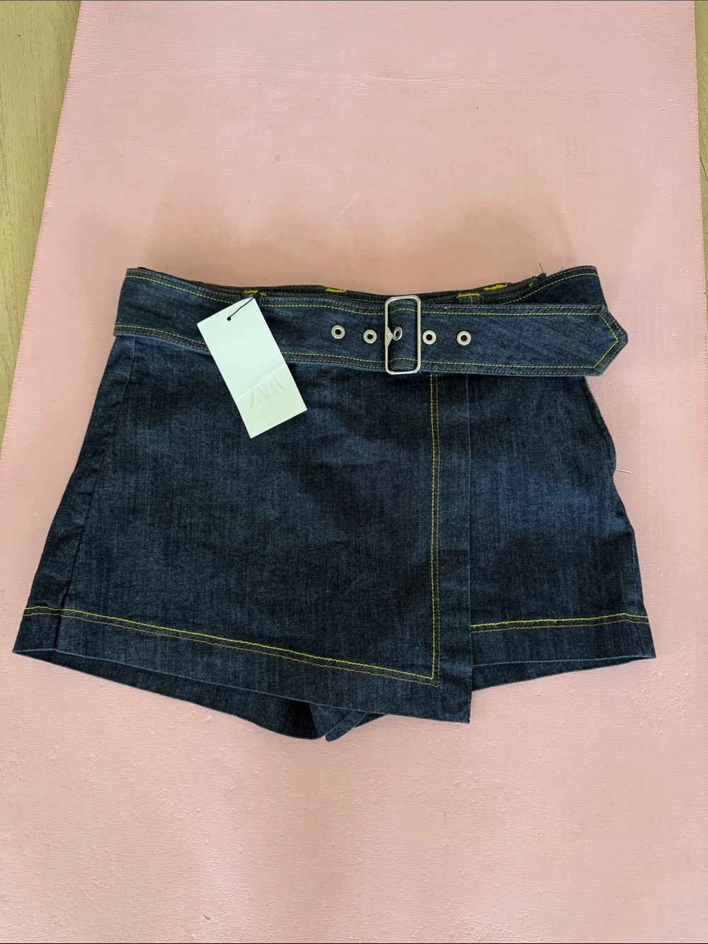 Zara Dark Indigo Denim Belted Skort with Yellow Stitching